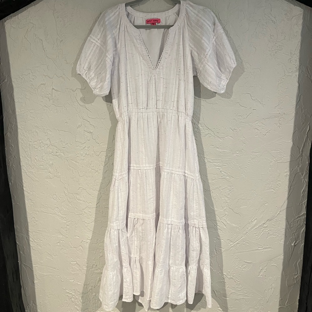 Betsey Johnson white sprinkled balloon sleeve Maxi
